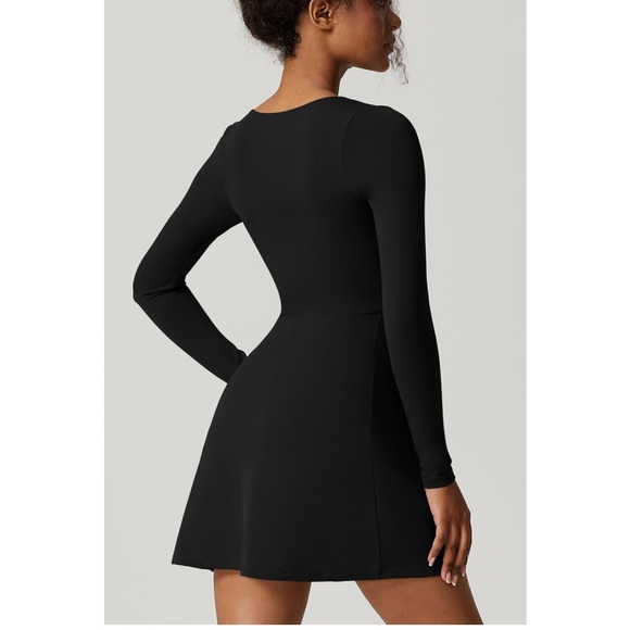🖤 BLACK Square Neck Bodice Dress Long Sleeve Side Slit Flare Mini Dresses - Picture 7 of 7